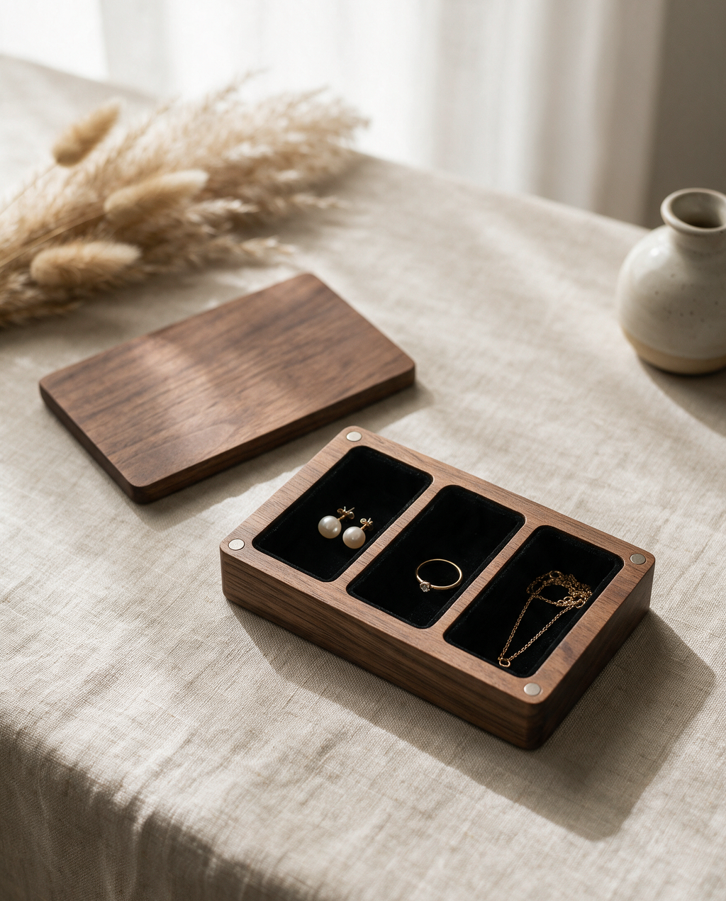 Walnut earring storage box with hinged lid, open compartments lined in black velvet